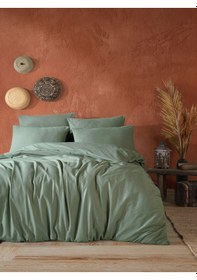 Resim Yeşil %100 Pamuklu Lastikli Çarşaflı Çift Kişilik Nevresim Takımı 