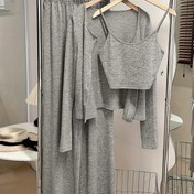 Resim Üç Parça Takım Düz Renk Moda Uzun Kollu Pantolon ve Askılı Kadın Ev Giyimi Takımı 