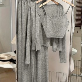 Resim Üç Parça Takım Düz Renk Moda Uzun Kollu Pantolon ve Askılı Kadın Ev Giyimi Takımı 