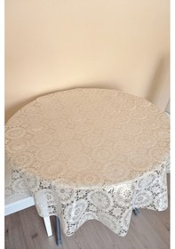 Resim Üstü Şeffaf Muşamba Kaplama Dantel Görünüm Yuvarlak Masa Örtüsü -137 Cm Çap -krem Renk-çiçek 