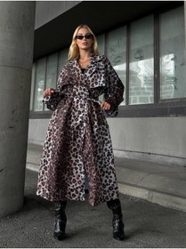 Resim MAESTRO WOMAN Kadın Leopar Desenli Kuşaklı Uzun Trençkot 