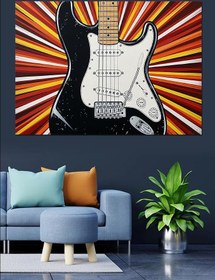 Resim Çizgili Fonda Rock Gitarı Dekoratif Kanvas - Mdf Ahşap Tablo 