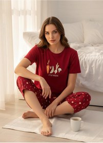 Resim Mihra Kadın %100 Pamuk Bisiklet Yaka Kısa Kol Kapri Pijama Takımı 90787kk - 1 Adet Kırmızı 