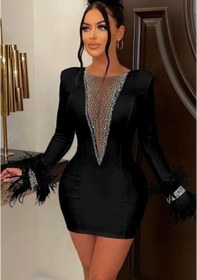 Resim Stilaura Kadın Dalgıç Kumaş Tül Ve Taş Aksesuarlı Kolları Tüylü Mini Boy Elbise Siyah 