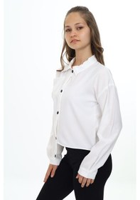 Resim Toontoy Kız Çocuk Regular Fit Asimetrik Kalıp Düşük Omuz Uzun Kollu Basic Poplin Gömlek - Tek Cepli Beyaz 