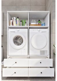 Resim Ases Mobilya Ases Elz533 Çamaşır Makinesi Ve Kurutma Makinesi Extra Boy 4 Kapak 4 Çekmece Banyo Dolabı Beyaz -safir Meşe Beyaz 