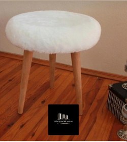 Resim Gürgen Ahşap Retro Ayak Dekoratif Beyaz Pelüş Puf Koltuk Sandalye Beyaz Peluş Puf 