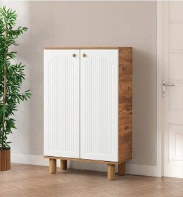 Resim Ahşap Ayakkabılık Bohem Kapak Beyaz-Meşe 4 Raflı Demonte 