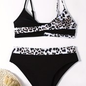 Resim Leopard Print 2 Parça Bikini Takımı, V Yaka Esnek Yüksek Kesim Mayo, Kadınların Mayo Ve Giyim 