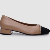 Resim %100 Hakiki Deri Bej Kadın Kısa Topuklu Ayakkabı Bej 