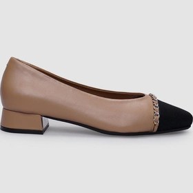 Resim %100 Hakiki Deri Bej Kadın Kısa Topuklu Ayakkabı Bej 