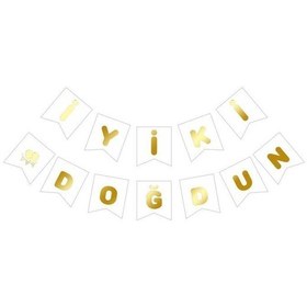 Resim Beysüs Beyaz Üstüne Gold Altın Yaldızlı İyiki Doğdun Yazılı Karton İpli Yazı Banner 