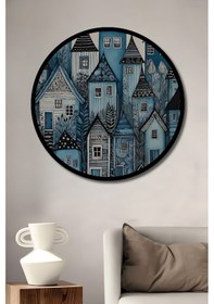 Resim Gizemli Mavi Şehirler Sulu Boya Görünümlü Ahşap Tablo Yuvarlak Duvar Tablosu Çerçeve Görünümlü--- 45 X 45 