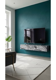 Resim Mobilya Kosmos Tv Ünitesi Tv Sehpası Duvara Monte 3 Kapaklı Beyaz Üstü Siyah Mermer Desenli 150 Cm Siyah 