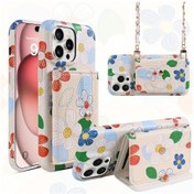 Resim Dream011 Şık Çiçek Desenli İphone Uyumlu 16 Artı 11 12 13 14 15 Pro Max Plus Pu Deri Uzun Askılı Aynalı Kartlık Karışık Renk 1 Unisex Tasarım 