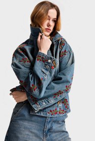 Resim Kadın T.Kot Rengi 2S566 Çiçek Nakışlı Oversize Tasarım Denim Ceket - Tint Kot Rengi / S/M 