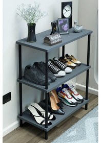 Resim 3 Katlı Ayakkabılık Raf - Çevir Tak Sistemli Kolay Kurulum Metal Gövde Ahşap Raflı Organizer Antrasit 