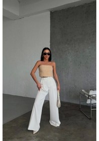 Resim Defymoda Üç Düğme Detayli Palazzo Pantolon Beyaz 