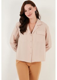 Resim Lela V Yaka Çift Cepli Regular Fit Dokuma Bayan Gömlek 611Go00016 Taş 