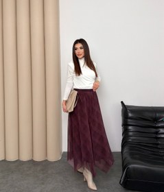 Resim Kadın Bordo Ekose Desenli Yüksek Bel Lastikli Şifon Asimetrik Uçlu Uzun Etek 52861 - Bordo / S-M 