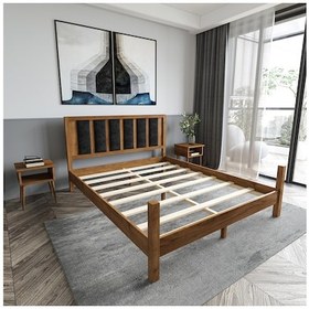 Resim Orion Model Siyah Renk Puflu Başlıklı Ceviz Renk Çam Ahşap Karyola-67 140 x 190 