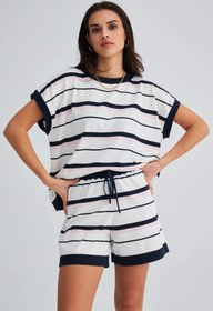 Resim Peraluna Marıne Blouse & Shorts %100 Pamuk Yazlık Kadın Triko Şort Takım - Lacivert/ekru 