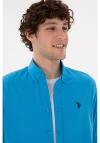 Resim U.S. Polo Assn. Erkek Mavi Keten Görünümlü Basic Gömlek 50306285-VR007 