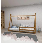 Resim Panda Doğal Ahşap Bebek ve Çocuk Montessori Karyola Meşe Renk 