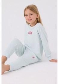 Resim Kız Çocuk Mavi Uzun Kol Pijama Takım Açık Mavi 