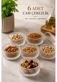 Resim 6 Adet Cam Çerezlik Seti Modern Çizgili Tatlı Kahvaltılık Sunum Kaseleri 10 Cm Şeffaf 
