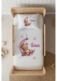 Resim %100 Pamuk Saten İsme Özel İsimli 100x200 Tek Kişilik Lastikli Çarşaf Seti Pembe Ayıcık Beyaz 