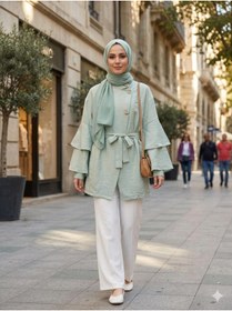 Resim ÇALIŞKAN MODA FIRFIR KATLI KOLLU DİK YAKA KUŞAKLI SALAŞ TESETTUR TUNİK [75 cm , geniş kalıp] 