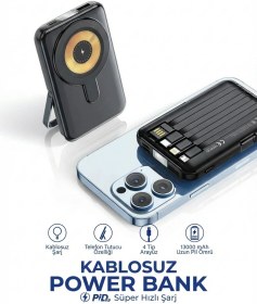 Resim 13.000 Mah Magsafe Standlı Powerbank Dahili Kablolu 22.5w Hızlı Şarjlı Powerbank siyah 