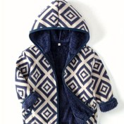 Resim Erkeklerin Geo Desenli Polar Kapüşonlu Ceketi Uzun Kollu Fermuarlı Cep Detaylı Puf Yumuşak Rahat Hoodie Ceket Sonbahar Kış Giysileri 