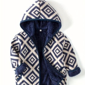Resim Erkeklerin Geo Desenli Polar Kapüşonlu Ceketi Uzun Kollu Fermuarlı Cep Detaylı Puf Yumuşak Rahat Hoodie Ceket Sonbahar Kış Giysileri 