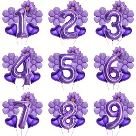 Resim Doğum günü partisi dekorasyonu için 7 parça karışık mor çiçekler ve papatya balon kurdele seti, yıl dönümü kutlama atmosferi arka plan duvar fotoğraf aksesuarları 