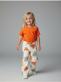 Resim Zekids Kız Bebek Çiçek Desenli Geniş Paçalı Denim Pantolon-16718 Turuncu 