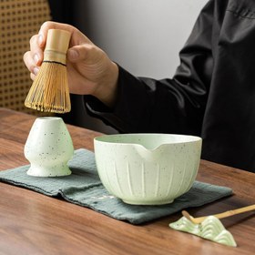Resim 5'li Matcha Çay Seti, Bambu Süpürge, Kaşık, Kürek ve Seramik Kase ile - Yeşil 
