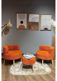 Resim Elegant Comfort Tarçın Rengi Çay Seti Ve Peluş Ikili Berjer & Puf Takımı - 3'lü Set 