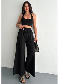Resim Kadın Bel Lastikli Cepli Bol Paça Koton Siyah Pantolon Siyah 