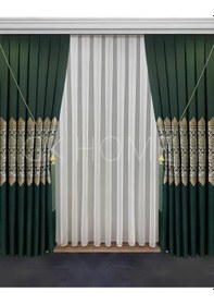 Resim Pano Fon Perde Zümrüt Yeşili Damask Çiçek Desenli Fon Perde Sık Pile 1/3 Tek Kanat Zümrüt Yeşili 