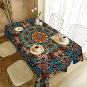 Resim 1 adet Bohemian Mandala Masa Örtüsü, %100 Polyester Dokuma Dikdörtgen Masa Örtüsü, Canlı Mavi Renkli, İnci Çiçek ve Geometrik Desenler ile, Yemek Odası, Ofis, Mutfak, Piknik Dekoru ve Hediye için Mükemmel, Ofis Masası Aksesuarı | Dekoratif Masa Örtüsü | Polyester Kumaş 