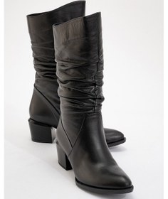 Resim Soule Siyah Cilt Hakiki Deri Kadın Topuklu Kısa Çizme Siyah Mat 