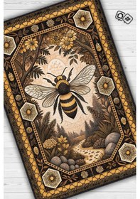 Resim Homshtag Nuh'un Gemisi Koleksiyonu Arı Temalı Çiçekli Siyah Sarı Renkli Bordürlü Şık Konsept Halı Siyah 