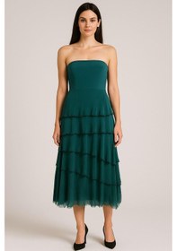 Resim Eren Style İtalyan 2 Beden Ince Gösteren Kat Kat Ipek Etek & Straplez Elbise Zümrüt Yeşili 