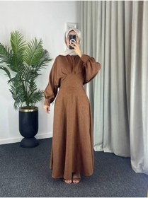 Resim Esre Store 4535 - Keten Tesettür Elbise Kahverengi 