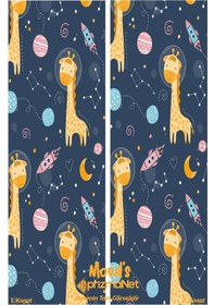 Resim Uzaylı Zürafa Desenli Baskılı Çocuk Ve Bebek Odası Fon Perdesi 2 Kanat - Prd-17 Çok Renkli 