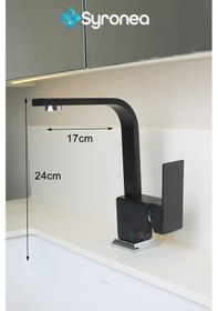 Resim Siyah Kuğu Kare Banyo Lavabo Bataryası Sıcak Ve Soğuk Su Girişli Aç Kapa Musluk Siyah 