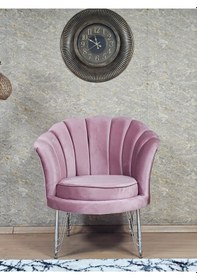 Resim Zafir Tekli İstiridye Krom Kaplama Telli Ayak Çay Seti Koltuk Tekli Berjer , Balkon, Salon, Ofis Pembe 
