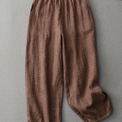 Resim Kadınlar İçin Yüksek Bel Geniş Paça Pantolon - Retro Geometrik Desenli Elastik Bel Kısa Boy, Cepli, Makinede Yıkanabilir Günlük Şık Kumaş, Tüm Mevsimler İçin Uygun, Akıcı Kumaş - Saf Malzeme 